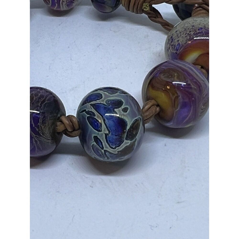 Santa Cruz Artist Made Lamp Worked Glass Bead Bracelet 9 3/4" OOAK Blue Purple - Picture 5 of 13